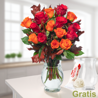 frisch gebunden 15 rote und orange Rosen mit Vase & Ferrero Raffaello