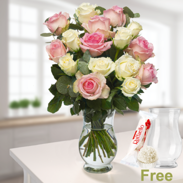 freshly tied 16 soft roses with vase & Ferrero Raffaello