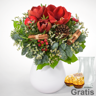 frisch gebunden Blumenstrauß Winterstimmung mit Vase & 2 Ferrero Rocher