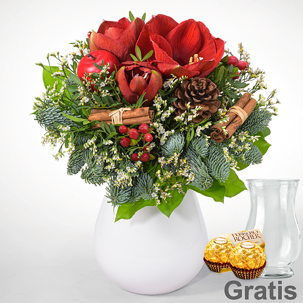Blumenstrauß Winterstimmung mit Vase & 2 Ferrero Rocher
