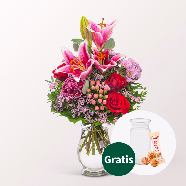 Blumenstrauß Mutterglück mit Vase & Ferrero Giotto 3er