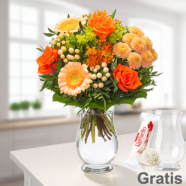 Blumenstrauß Sommerschönheit mit Vase & Ferrero Raffaello