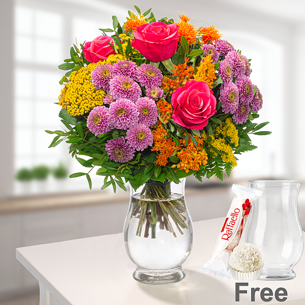 Flower Bouquet Blütenmelodie with vase & Ferrero Raffaello