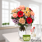 Blumenstrauß Farbenfroh mit Vase & Ferrero Raffaello & GLÜCK-Marmelade