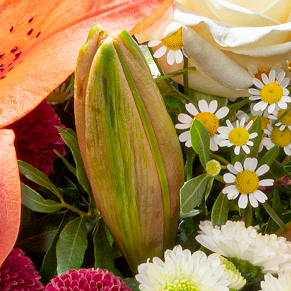 Blumenstrauß Sommertag mit Vase & Ferrero Raffaello Geschenkherz
