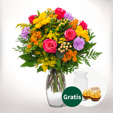 Blumenstrauß Bunter Sommer mit Vase & 2 Ferrero Rocher
