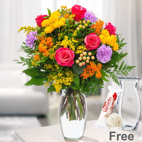 Flower Bouquet Bunter Sommer with Vase & Ferrero Raffaello