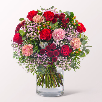 Premiumstrauß Liebesfeuer mit Premiumvase & Ferrero Giotto 3er