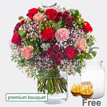 Premium Bouquet Liebesfeuer with premium vase & 2 Ferrero Rocher