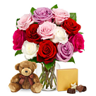 One Dozen Assorted Sweetheart Roses with Chocolates & Bear