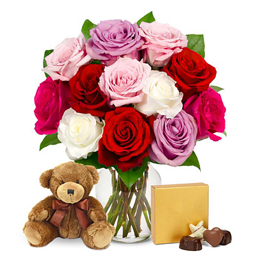 12 gemischte Rosen mit Pralinen und Teddybär