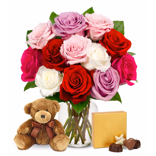 12 gemischte Rosen mit Pralinen und Teddybär