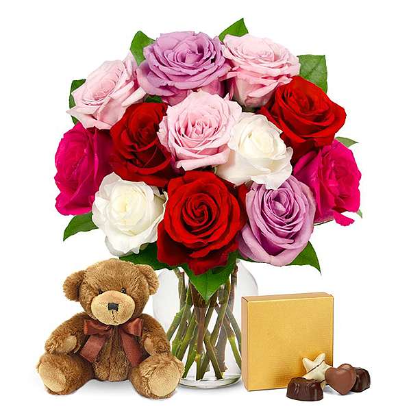 12 gemischte Rosen mit Pralinen und Teddybär
