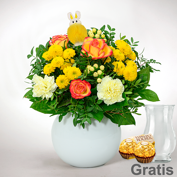 Osterstrauß Happy Day mit Vase & 2 Ferrero Rocher