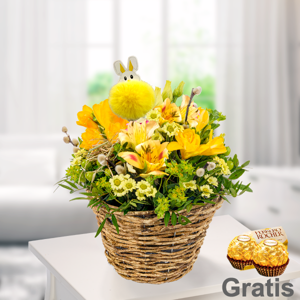 Blumenarrangement Hasennest mit 2 Ferrero Rocher
