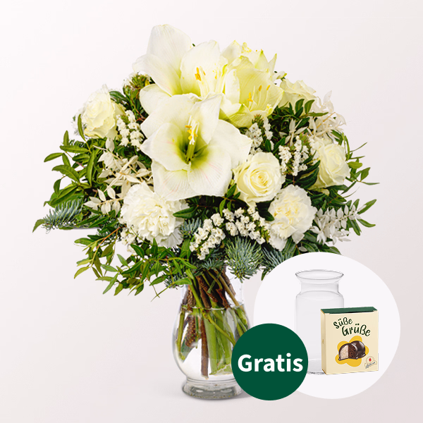 Blumenstrauß Winterfreude mit Halloren Kugeln & Vase