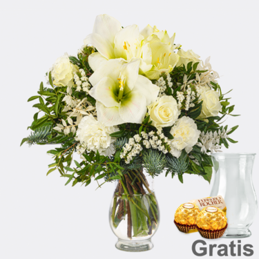 frisch gebunden Blumenstrauß Winterfreude mit Vase & 2 Ferrero Rocher