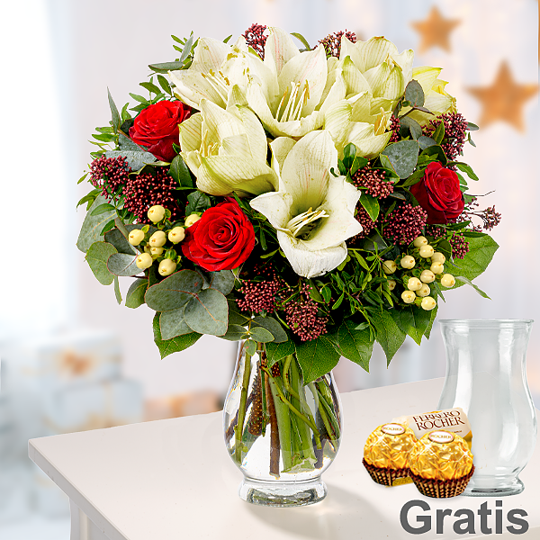 Blumenstrauß Winterbote mit Vase & 2 Ferrero Rocher