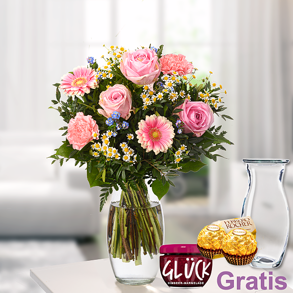 Blumenstrauß von Herzen mit Vase & 2 Ferrero Rocher & GLÜCK-Marmelade