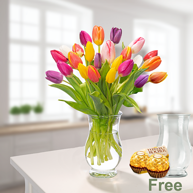 Tulips in a bunch with vase & 2 Ferrero Rocher