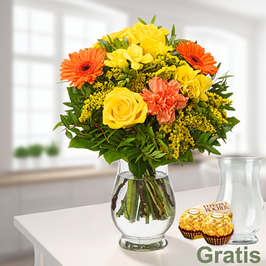 Blumenstrauß Sonnenschein mit Vase & 2 Ferrero Rocher