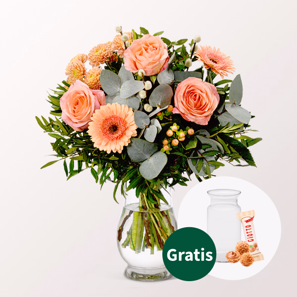 Blumenstrauß Morgentau mit Vase & Ferrero Giotto