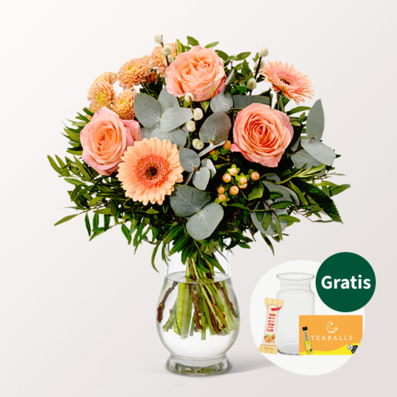 Blumenstrauß Morgentau mit Vase & Teaballs & Ferrero Giotto 3er