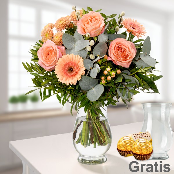 Blumenstrauß Morgentau mit Vase & 2 Ferrero Rocher