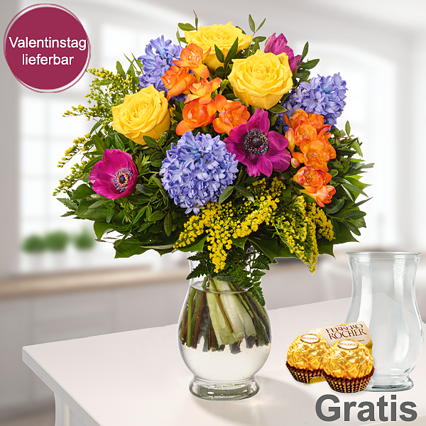 Blumenstrauß Farbenfreude mit Vase & 2 Ferrero Rocher