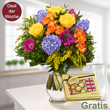 Blumenstrauß Farbenfreude mit Vase & Ferrero "Die Besten"