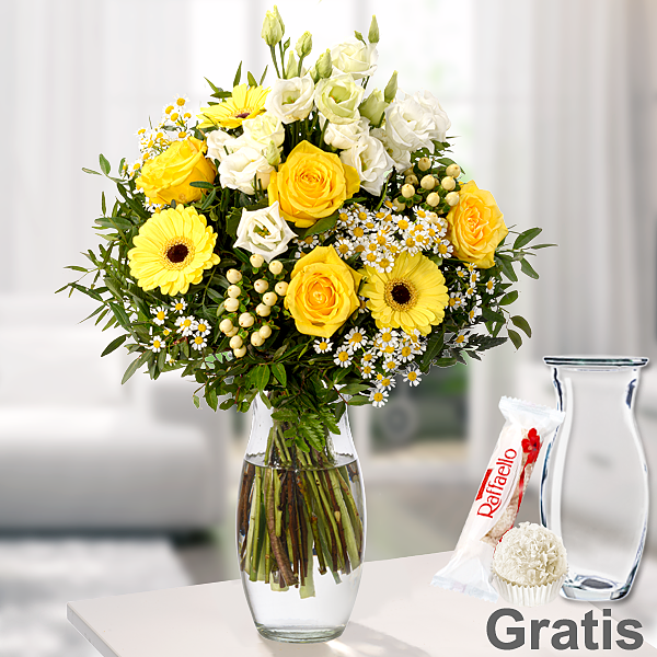 Blumenstrauß Sonnentag mit Vase & Ferrero Raffaello
