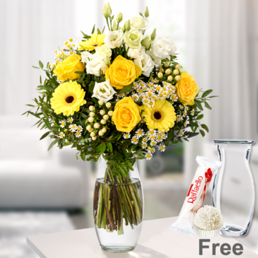 freshly tied Flower Bouquet Sonnentag with vase & Ferrero Raffaello