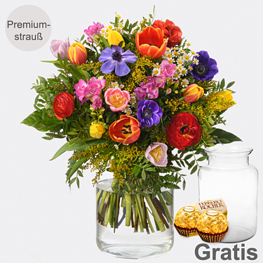 Premiumstrauß Blumenfreude mit Premiumvase & 2 Ferrero Rocher