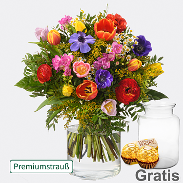 Premiumstrauß Blumenfreude mit Premiumvase & 2 Ferrero Rocher