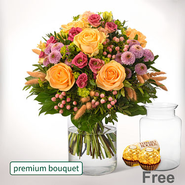 Premium Bouquet Frühlingskind with premium vase & 2 Ferrero Rocher