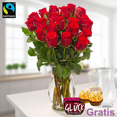 15 rote Valentinstags-Rosen im Bund mit Vase & 2 Ferrero Rocher & GLÜCK-Marmelade