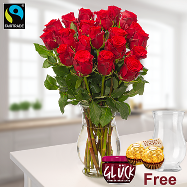 15 red Valentine's Day roses in a bunch with vase & 2 Ferrero Rocher & GLÜCK Jam Raspberry