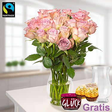 15 rosa Valentinstags-Rosen im Bund mit Vase & 2 Ferrero Rocher & GLÜCK-Marmelade