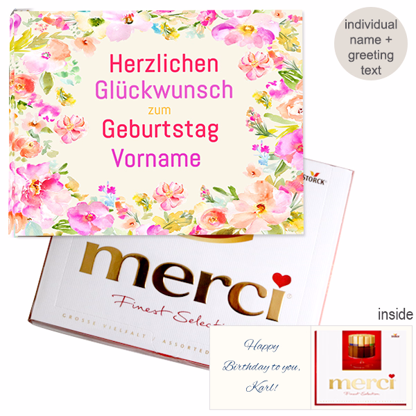 Personal Greeting Card with Merci: Herzlichen Glückwunsch zum Geburtstag „Vorname“ (250 g)