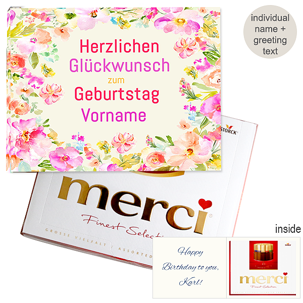 Personal greeting card with Merci: Herzlichen Glückwunsch zum Geburtstag "Vorname" (250g)