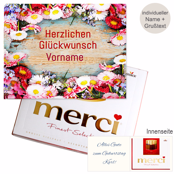 Persönliche Grußkarte mit Merci: Herzlichen Glückwunsch „Vorname“ (250 g)