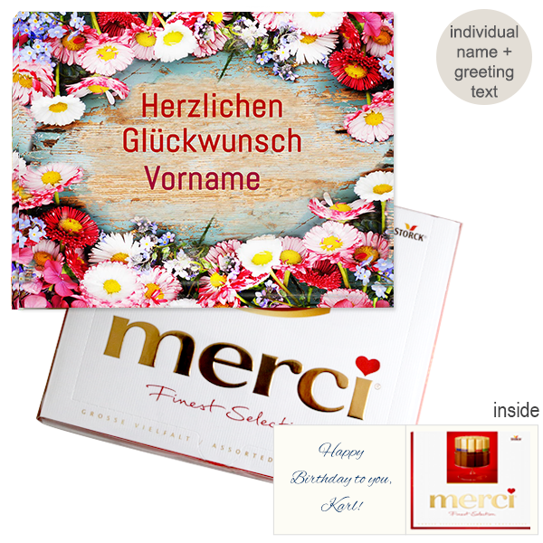 Personal greeting card with Merci: Herzlichen Glückwunsch „Vorname“ (250 g)