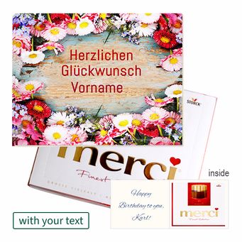 Personal greeting card with Merci: Herzlichen Glückwunsch „Vorname“ (250 g)