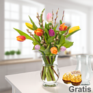 10 Tulpen mit Weidenkätzchen mit Vase & 2 Ferrero Rocher