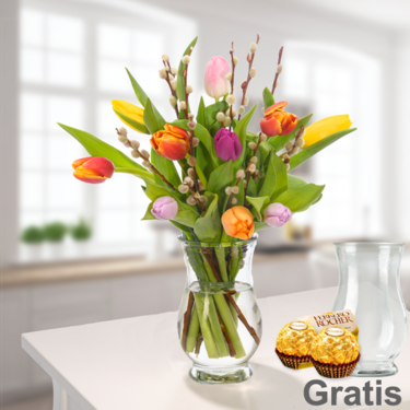 frisch gebunden 10 Tulpen mit Weidenkätzchen mit Vase & 2 Ferrero Rocher