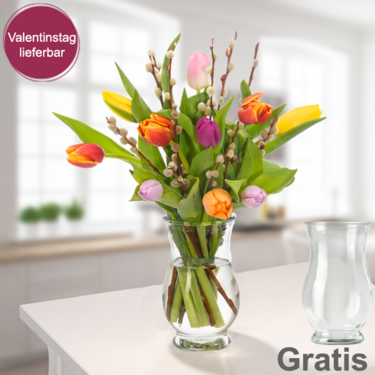 frisch gebunden 10 Tulpen mit Weidenkätzchen mit Vase