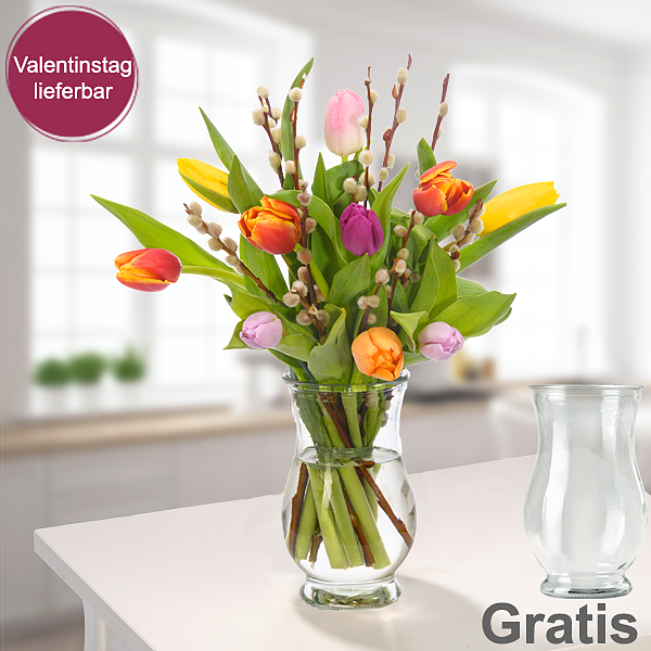 10 Tulpen mit Weidenkätzchen mit Vase