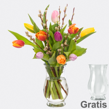 frisch gebunden 10 Tulpen mit Weidenkätzchen mit Vase