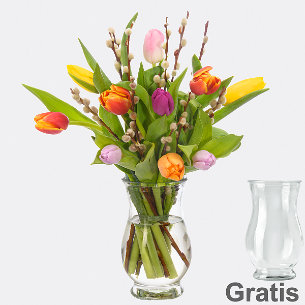 10 Tulpen mit Weidenkätzchen mit Vase