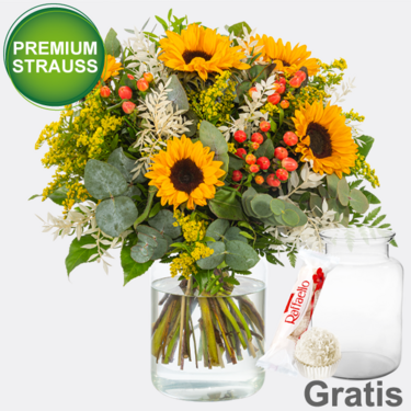 Premiumstrauß Herbstschönheit mit Premiumvase & Ferrero Raffaello